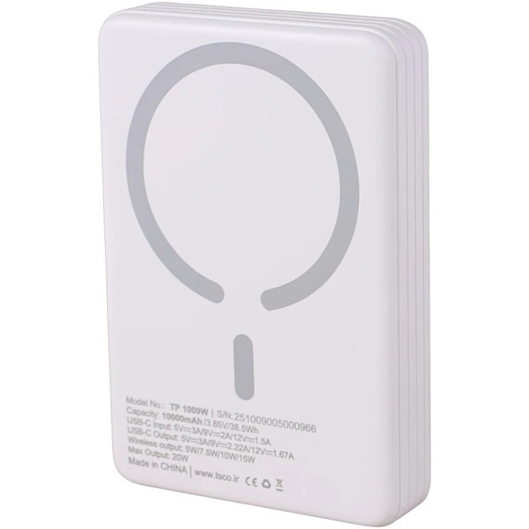 پاور بانک بی سیم فست شارژ تسکو TP 1009W QC3.0 PD 20W ظرفیت 10000 میلی آمپر ساعت