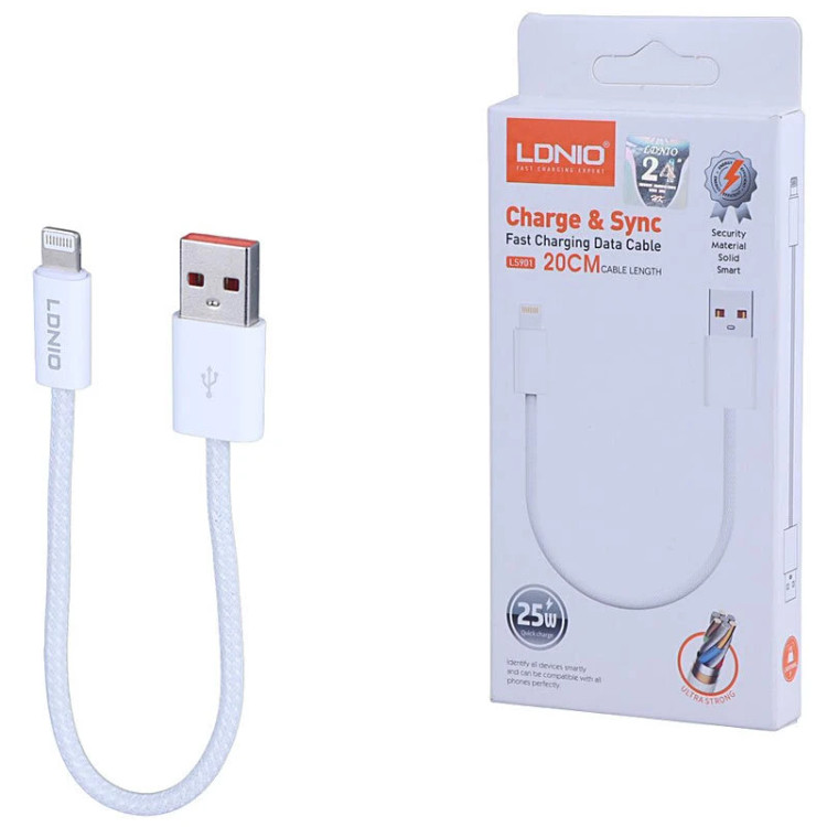 کابل کوتاه لایتنینگ فست شارژ 25 وات الدینیو LS901 طول 20 سانتی متر